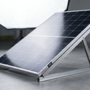 A single Longi 400W monocrystalline PERC solar panel in a professional studio setting, resting on a stand.