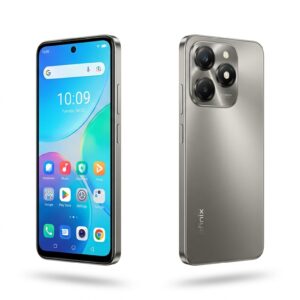 Infinix Smart 9 smartphone in Neo Titanium color, front and back view floating side by side on a clean white background, soft diffused studio lighting, subtle drop shadow underneath, ultra-realistic budget smartphone commercial photography, dual camera module clearly visible on back, slight inward tilt toward each other, no text overlays, 4K sharp detail, clean minimal composition, affordable yet premium feel