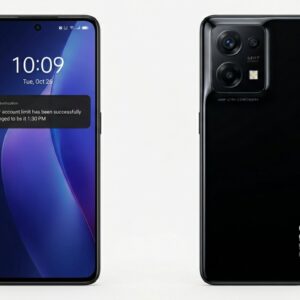 OPPO A5 Pro front and back view smartphone showing 6.72 inch 120Hz AMOLED display and 64MP dual camera LED flash setup Midnight Black