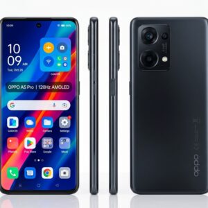 OPPO A5 Pro side profile view showing sleek flat-frame design ultra-thin bezels power button volume rocker camera bump Midnight Black