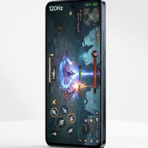 realme Narzo 70 gaming smartphone frontally displayed showing 6.7 inch 120Hz FHD+ display with vibrant gaming interface, best gaming phone at Rs. 34,999 price in Pakistan ```
