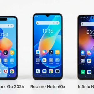 Realme Note 60x smartphone compared side-by-side with Tecno Spark Go2 and Infinix Note 40, all three budget phones frontally displayed for size and features comparison, Rs. 19,699 vs Rs. 19,999 vs Rs. 22,999