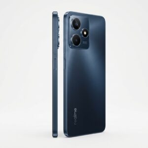 Realme Note 60x smartphone 45-degree angle view showing back design with 50MP camera module and left side profile, professional studio product photography