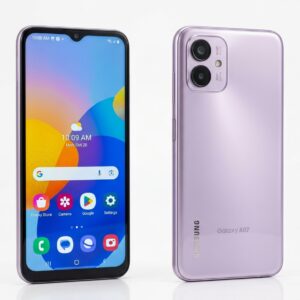 Samsung Galaxy A07 front and back view, Light Violet color, studio white background, product photography"