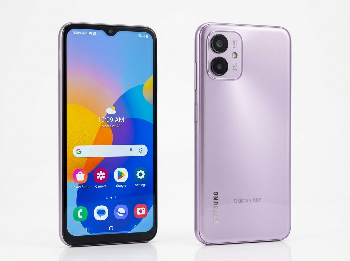 Samsung_Galaxy_A07_front_back_202607071215 Samsung Galaxy A07 front and back view, Light Violet color, studio white background, product photography"