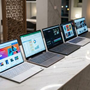 Collection of latest laptop prices in Pakistan - Dell, HP, Lenovo, ASUS laptops displayed with pricing on marble surface