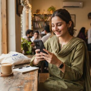 Student using Itel P40 smartphone for browsing and streaming - affordable mobile for daily use Pakistan